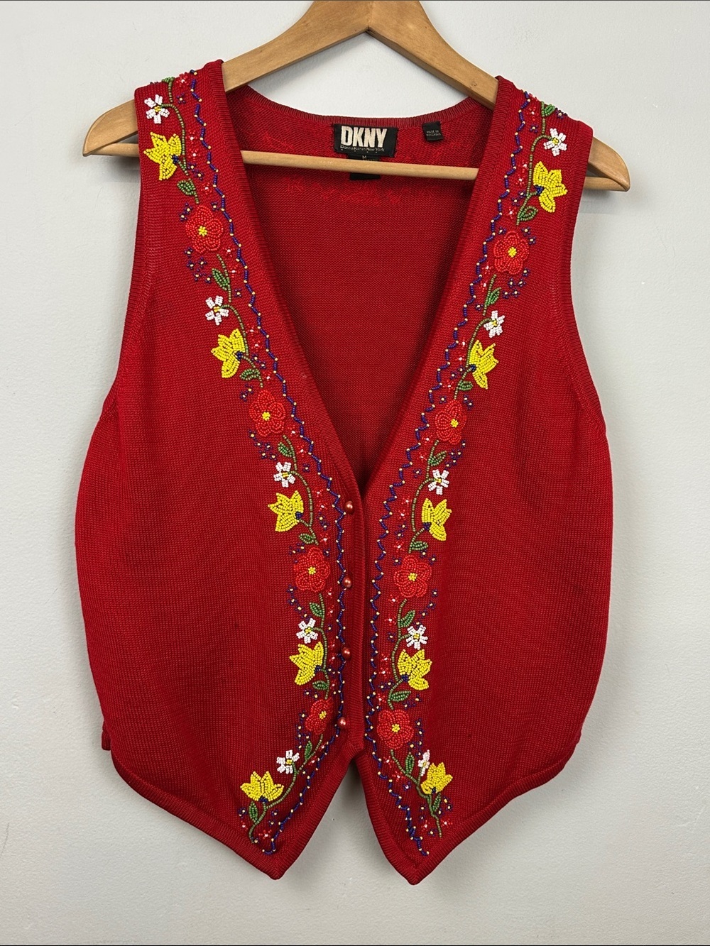 Vintage DKNY Red Floral Beaded V- Neck Embellished Cardigan Vest Sz M